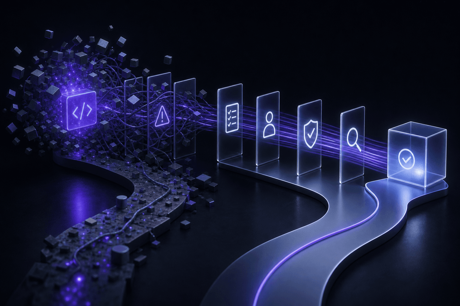Two software delivery paths: tangled ungoverned output and a structured route through review to verified software.