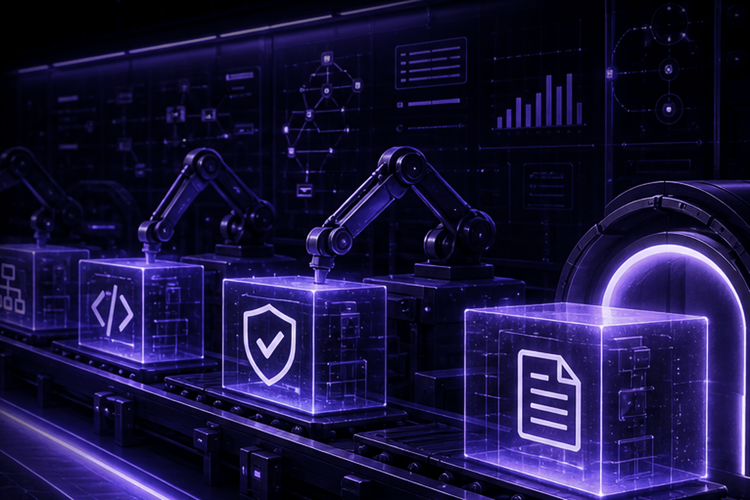 Robotic arms assembling code, governance, and audit-record modules on a violet-lit software factory production line.