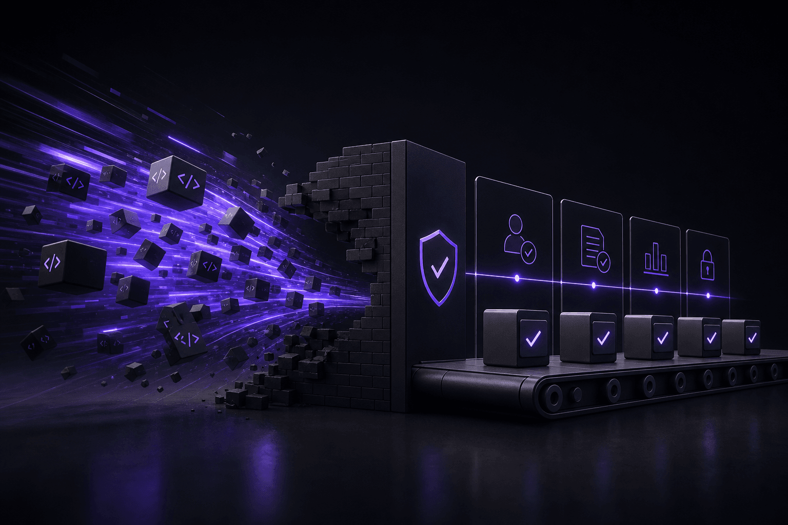 Unstructured AI-generated code passing through a governance gate into an orderly delivery pipeline with approval, audit and security checks.