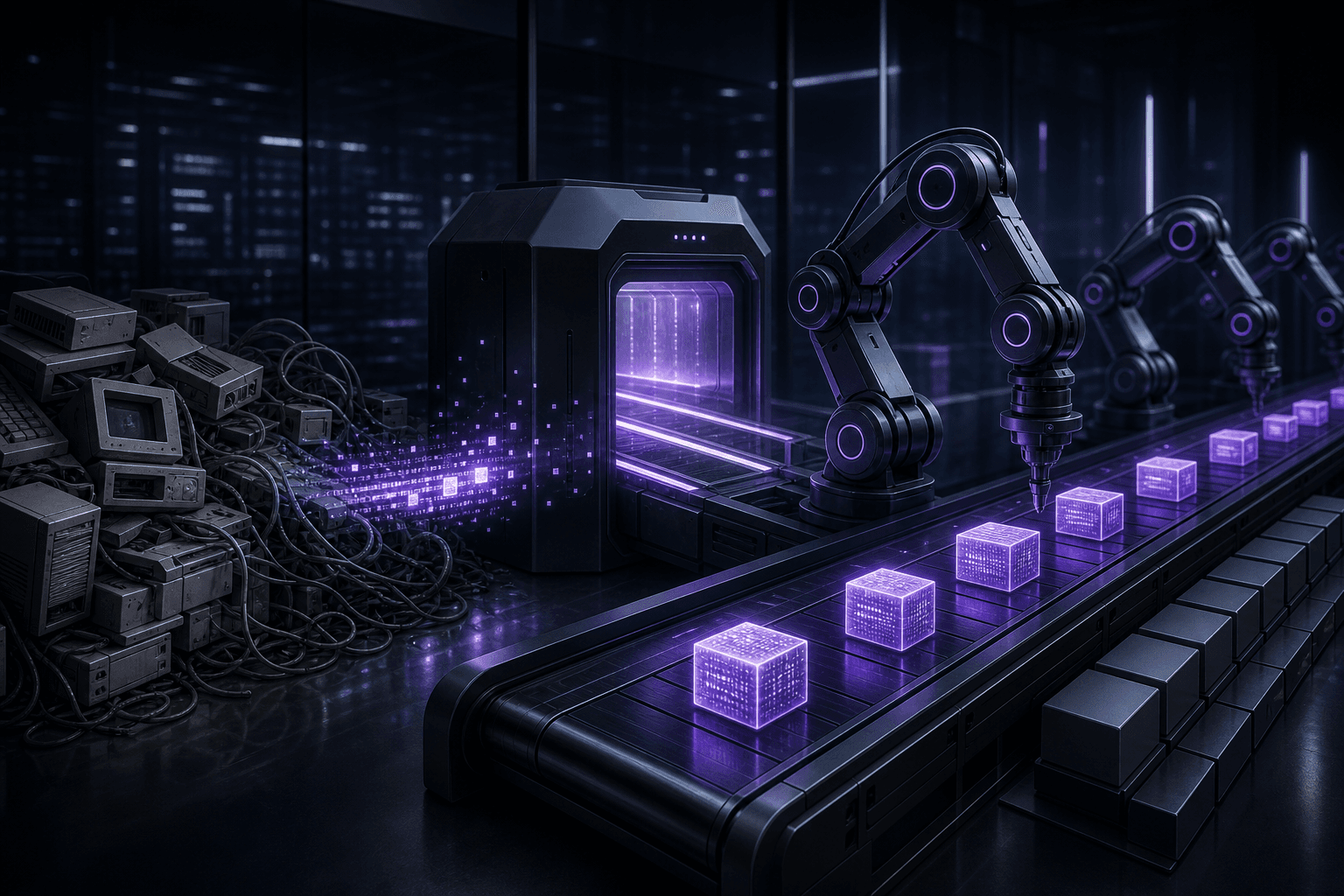 Legacy computers transformed through an AI-powered software factory into structured software components on a robotic production line.