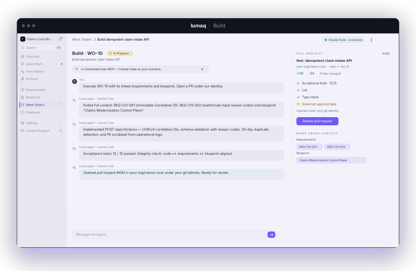 A verification work order open in lumaq — its test matrix case by case, the evidence each result has to carry, and the panel where a codebase is connected and the work order is handed to a coding agent.