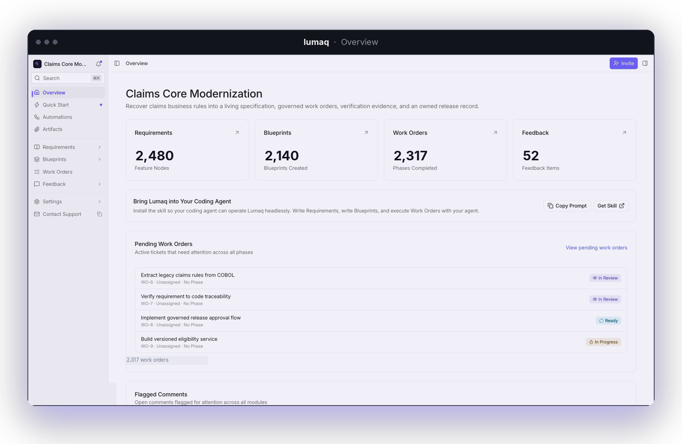 lumaq Overview — requirements, blueprints and work orders at a glance