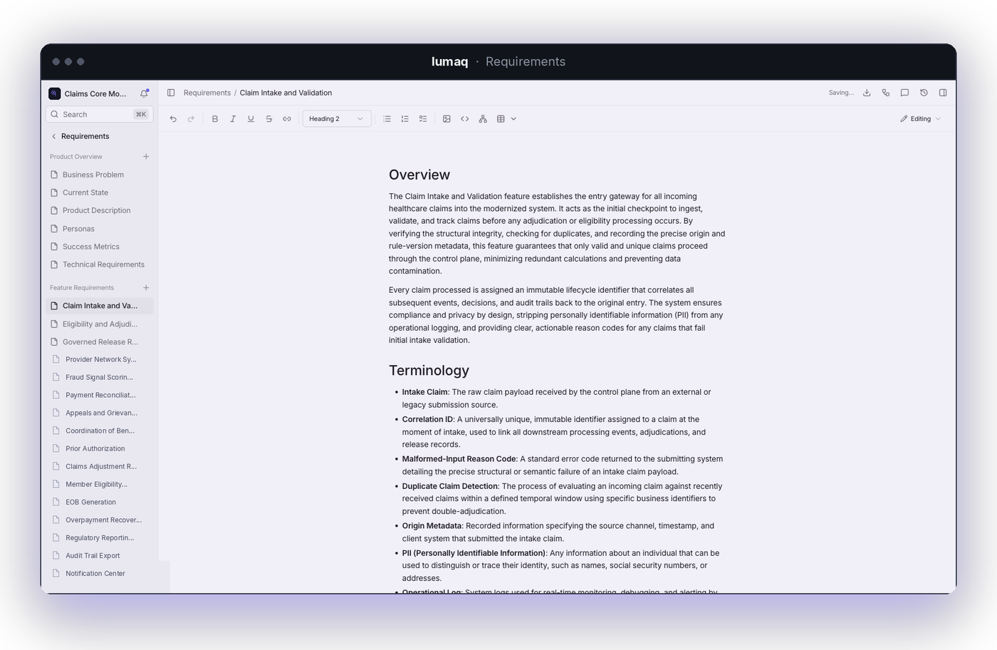 A feature requirement open in lumaq — Manual review and appeals, with its overview, its review workspace rules, and each numbered requirement underneath, listed beside the rest of the project's documents.
