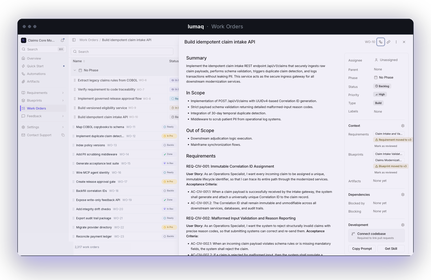 A work order open in lumaq — its summary, what is in and out of scope, and the requirement it implements quoted with its acceptance criteria, with the requirements and blueprints it touches listed alongside and two of them flagged as moved.
